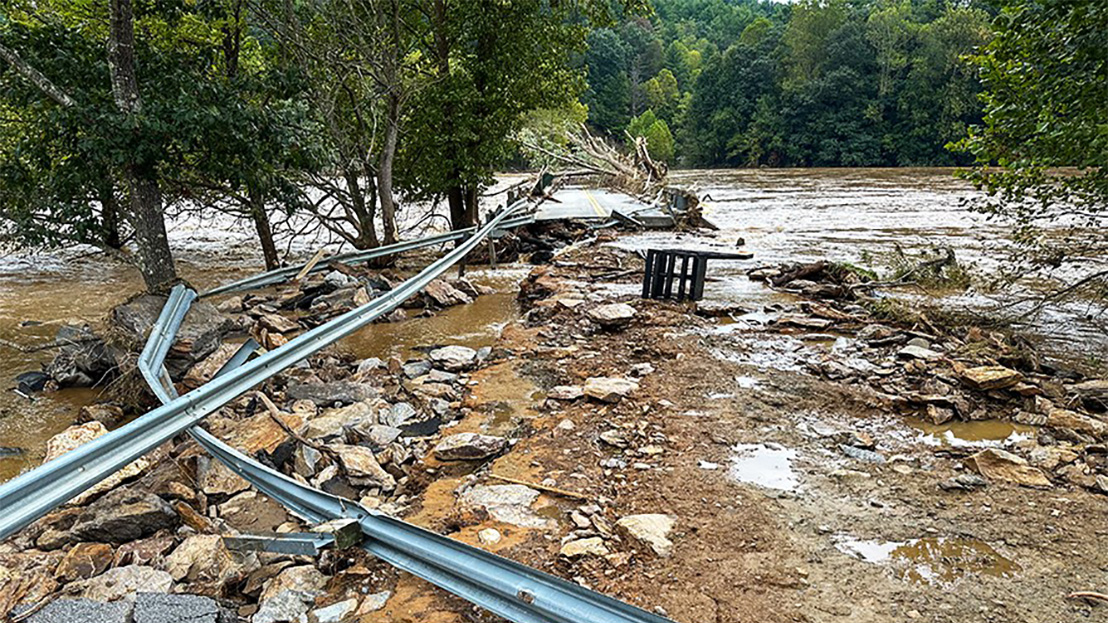 washed out bridge after Hurricane Helene.